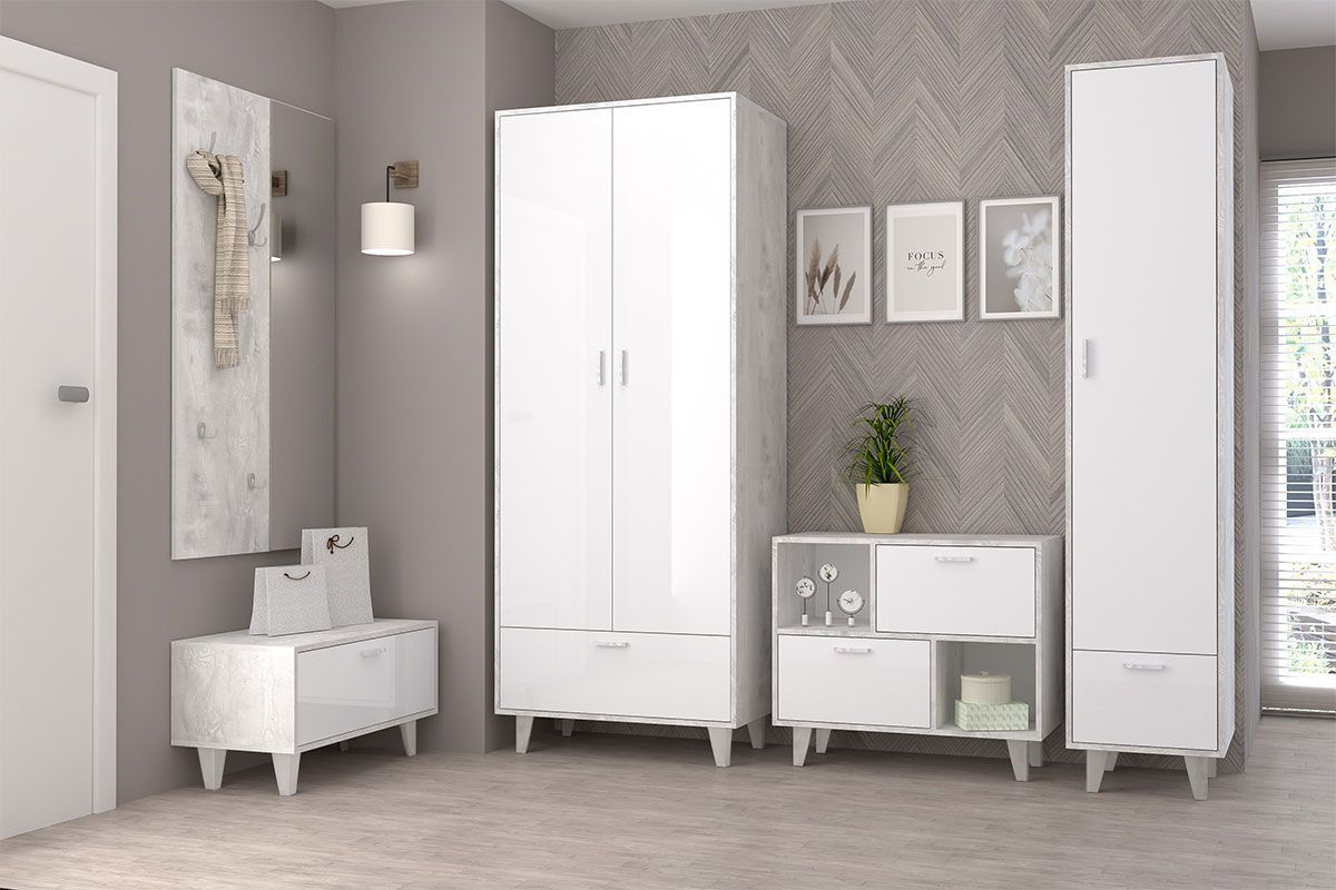 Тумба Эго Т-1 2 ящика (на ножках) Бетон светлый/Белый глянец | фото 5