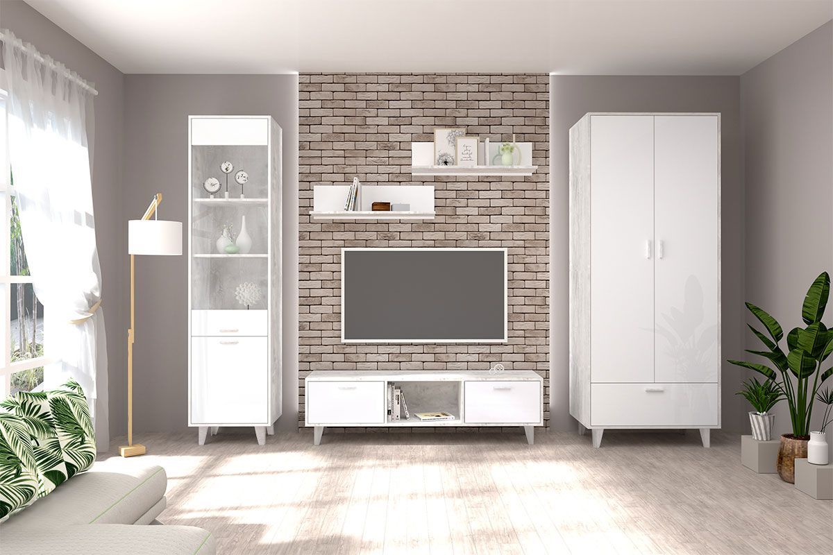 Шкаф Эго ШК-1 2-дверцы 1-ящик (на ножках) Бетон светлый/Белый глянец | фото 4