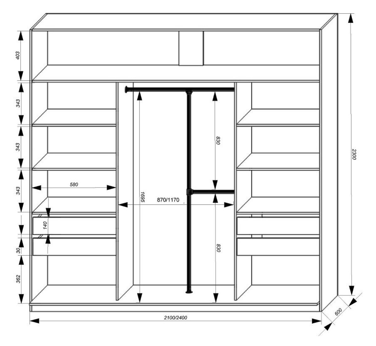 Шкаф-купе 2100 серии SOFT D7+D3+D3+B22+PL4 (по 2 ящика лев/прав+2штанги) профиль «Капучино» | фото 3