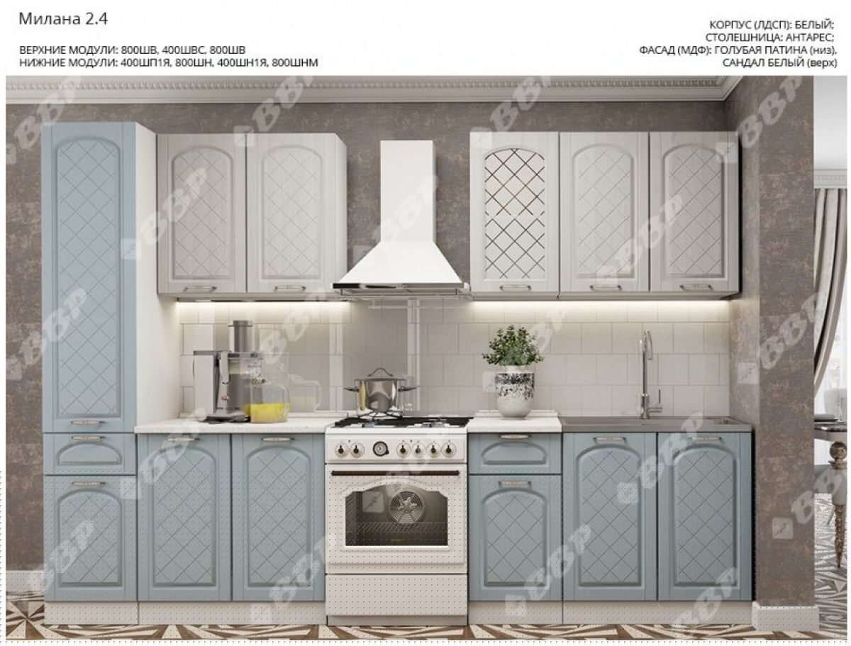 Кухонный гарнитур 2.4 м "Милана" с пеналом (белый/белое дерево/голубая патина) | фото 2