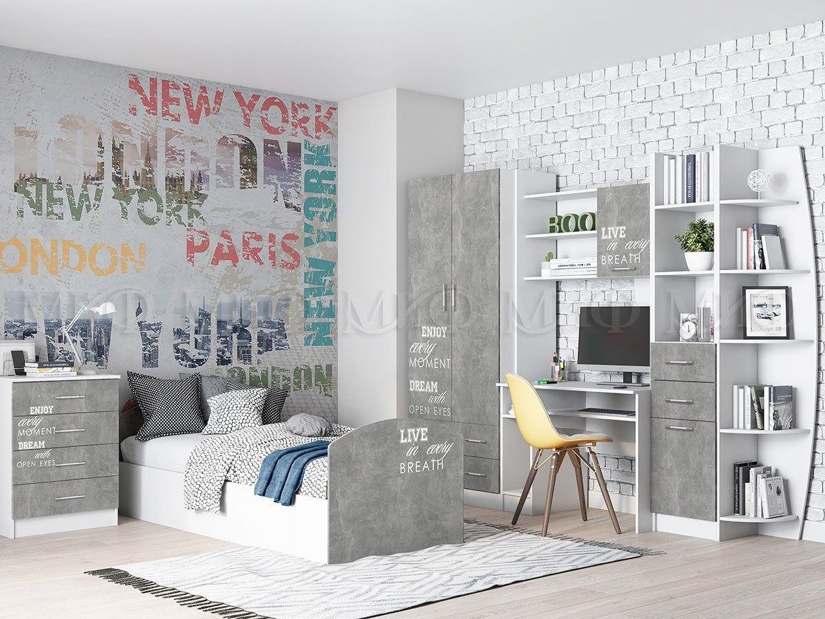 ЮНИОР-2 Стенка Лофт ЛДСП (Бетон светлый/белый) | фото 3