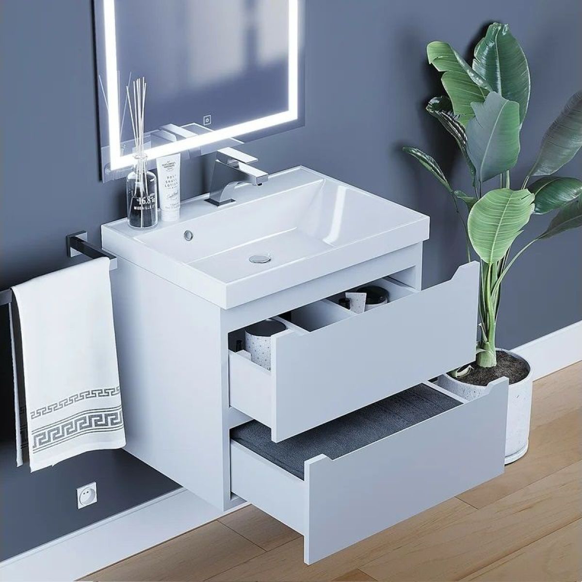 Тумба под раковину Uperwood Tanos 60 см, подвесная, белая матовая | фото 2